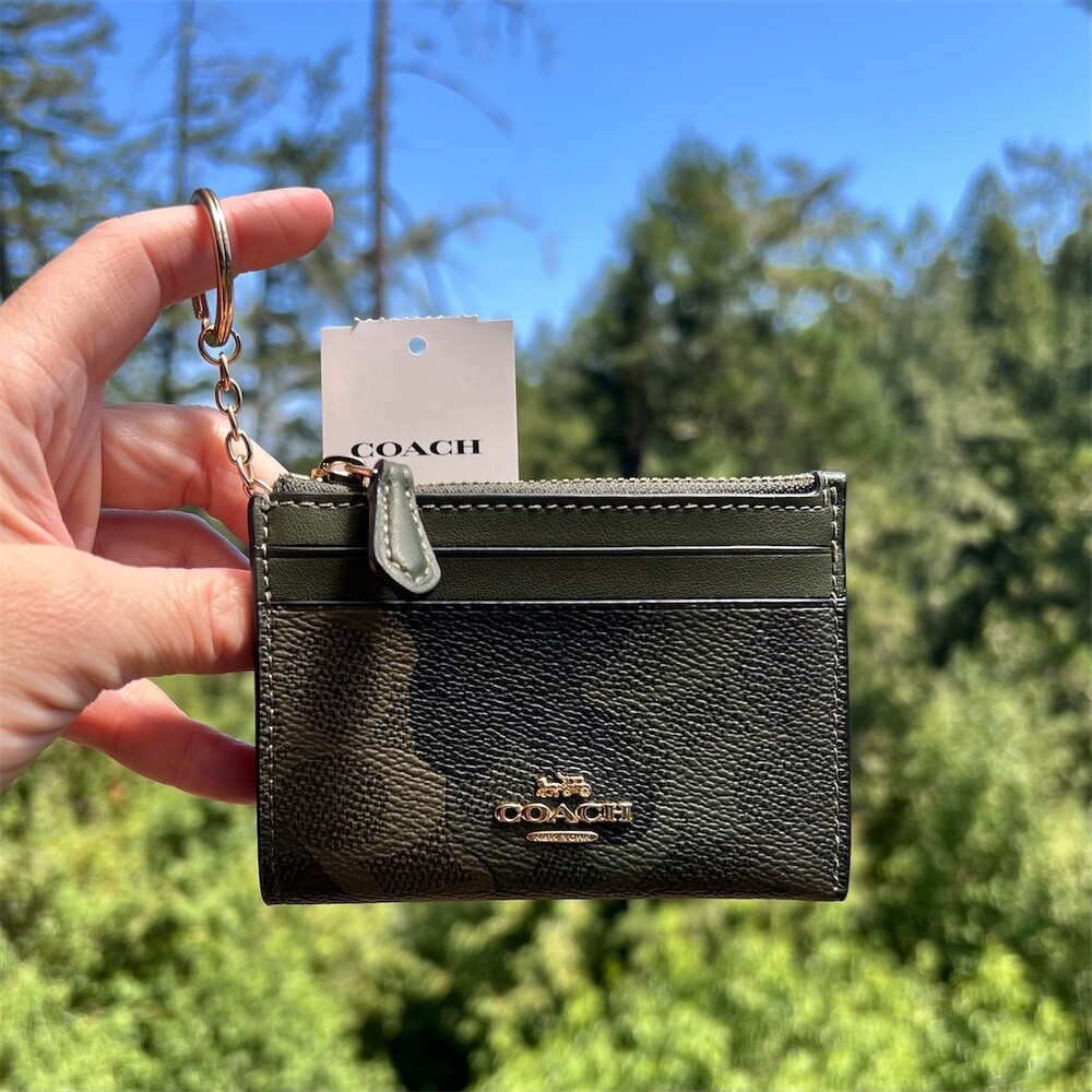 COACH Mini Skinny ID Case Cardholder Keychain Wallet Camo Print Gold Hardware